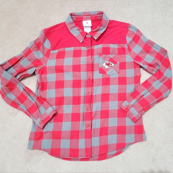 NFL TEENS Kansas City Chiefs Flannel Button Down Shirt 100% Cotton Size L 11/13 - Picture 1 of 10